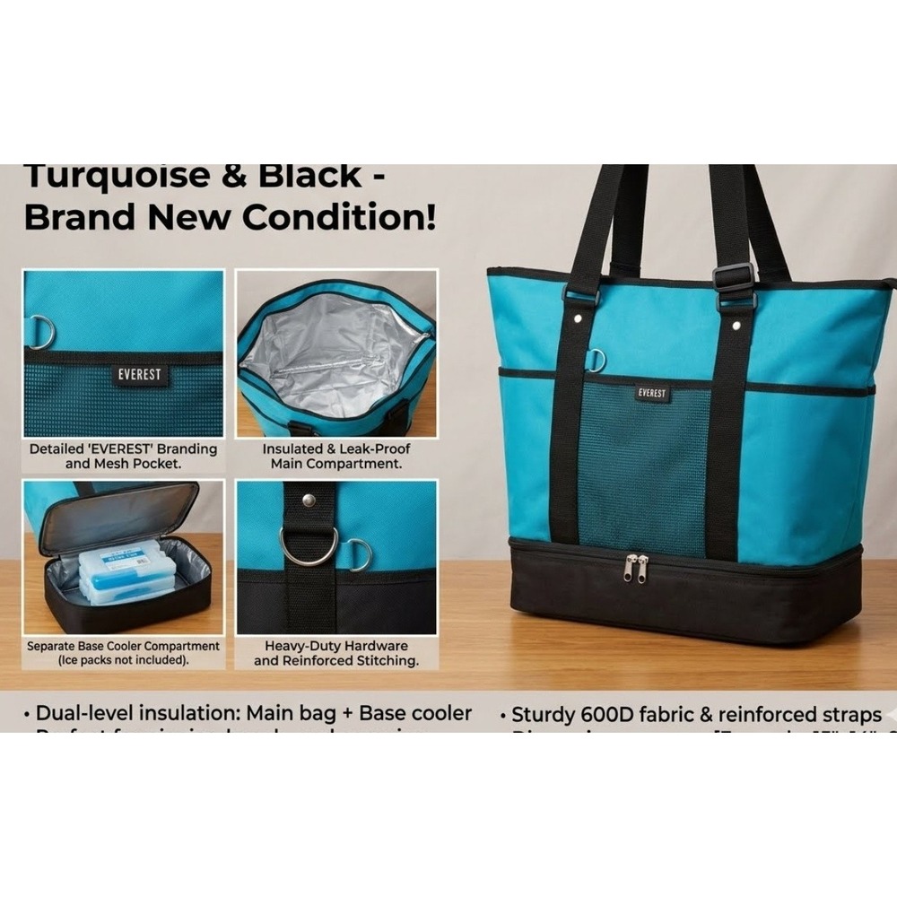 Everest Insulated Cooler Tote Bag Turquoise Black Dual Compartment Beach Picnic